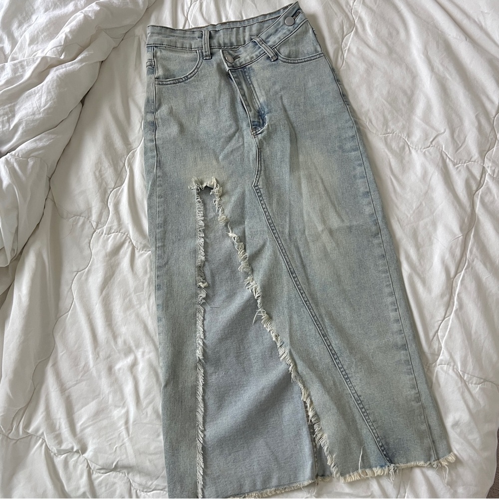 Distressed denim heart pockets maxi skirt